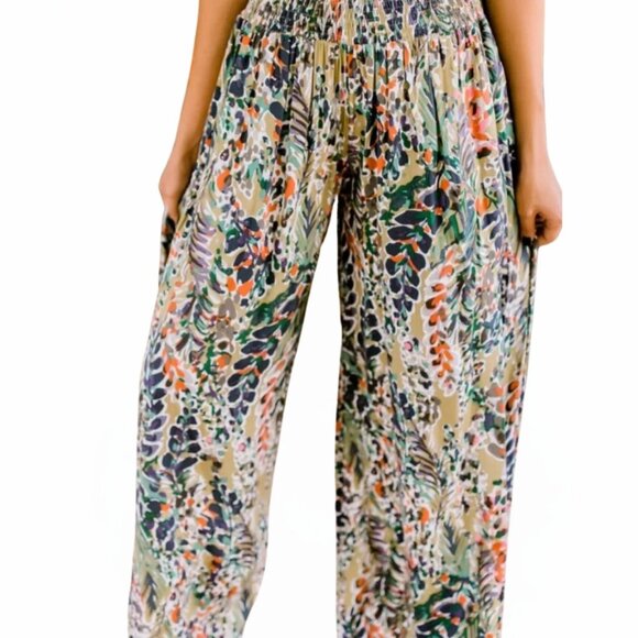 Multicolor Floral Print Shirred High Waist Wide Leg Casual Pants - Picture 3 of 4